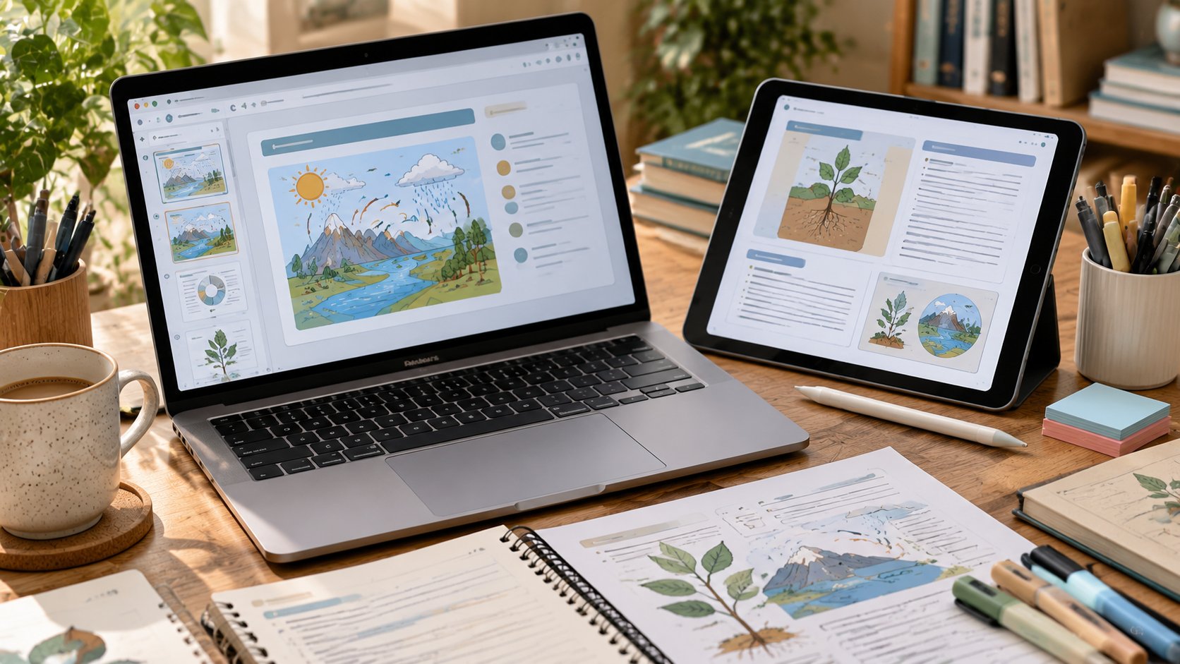 مقایسه فایل PDF و اسلایدهای آموزشی روی لپتاپ و تبلت برای تدریس آنلاین
