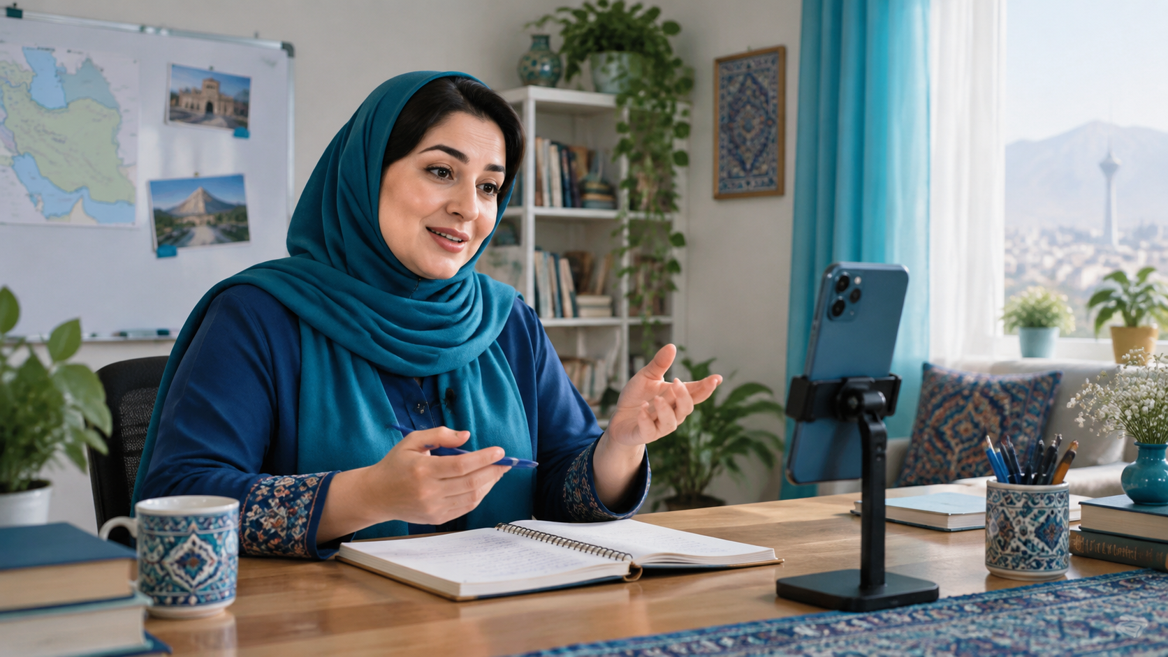 تدریس آنلاین معلم با گوشی موبایل در کلاس مجازی