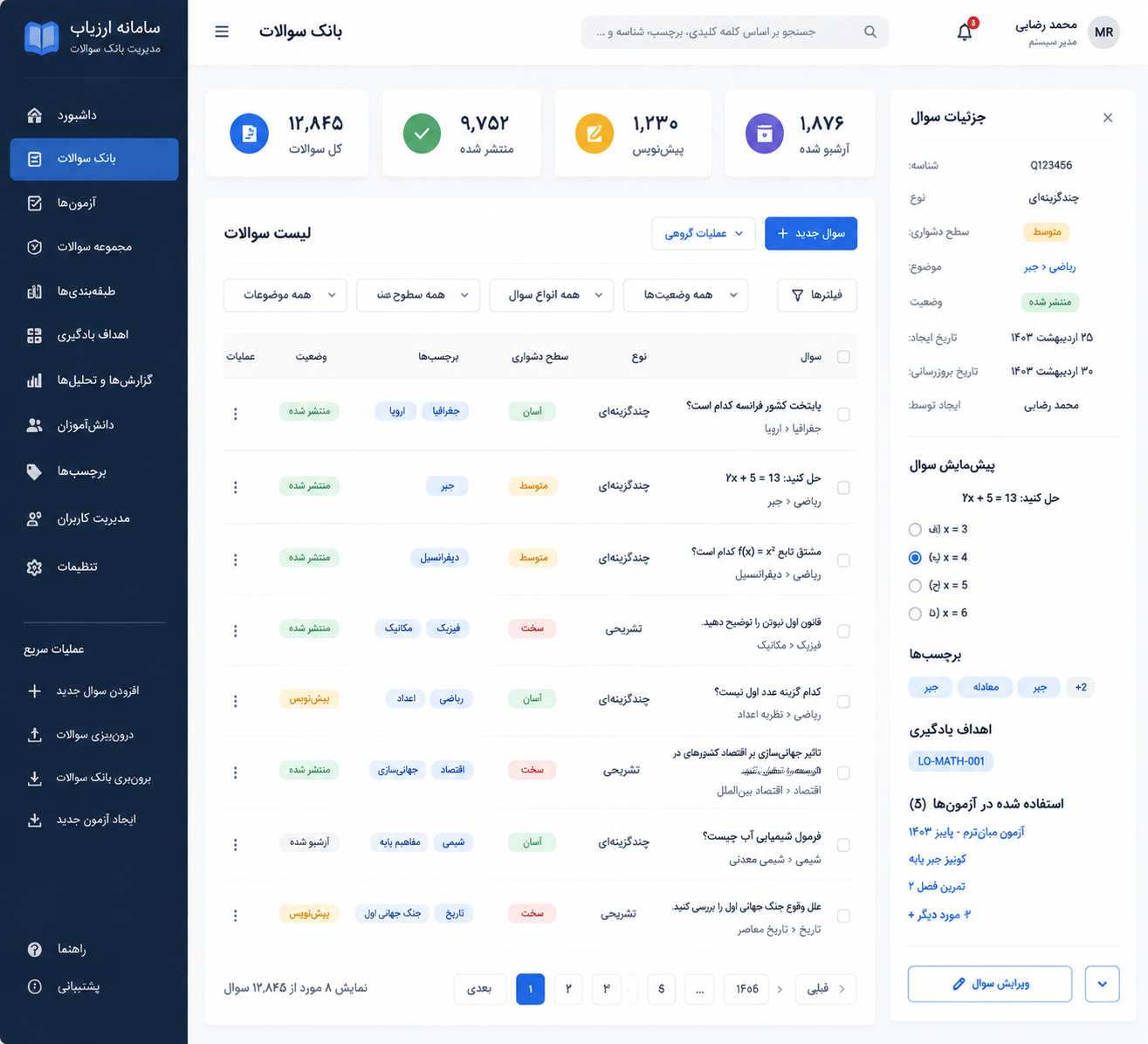 مدیریت بانک سوال در سامانه آزمون آنلاین با دستهبندی و سطحبندی سوالات