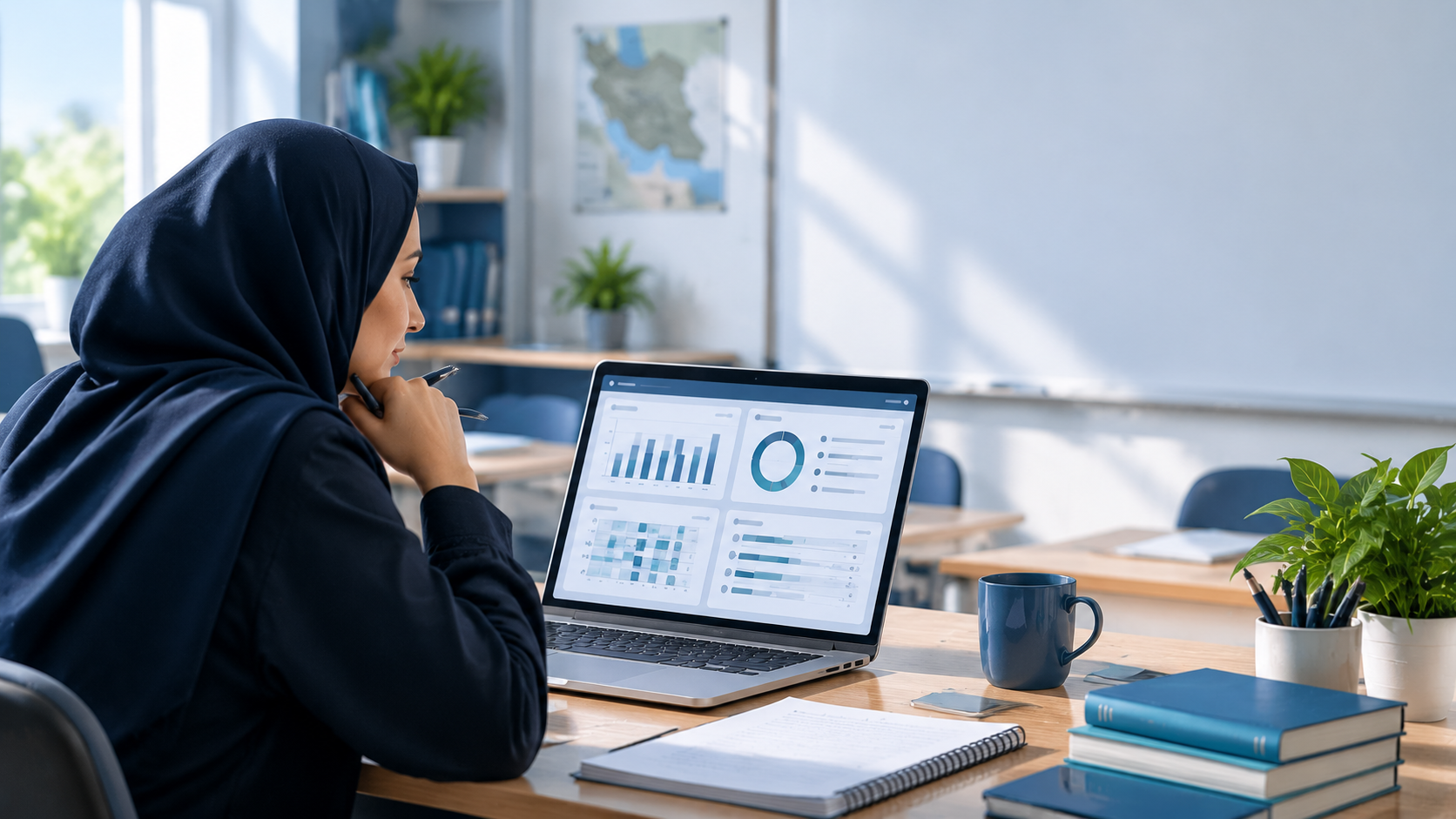 دبیر در حال بررسی نمودارها و گزارش نتایج آزمون آنلاین روی لپتاپ